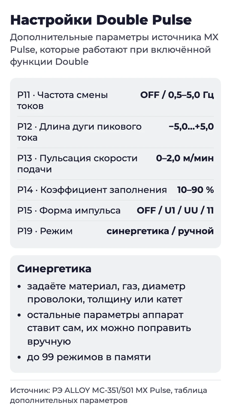 Инфографика: параметры Double Pulse источника Alloy MX Pulse